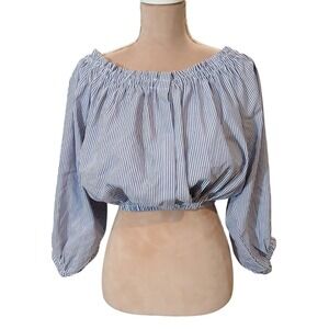BY TOGETHER Blue White Stripe Off Shoulder Smocked Crop Top Women Medium